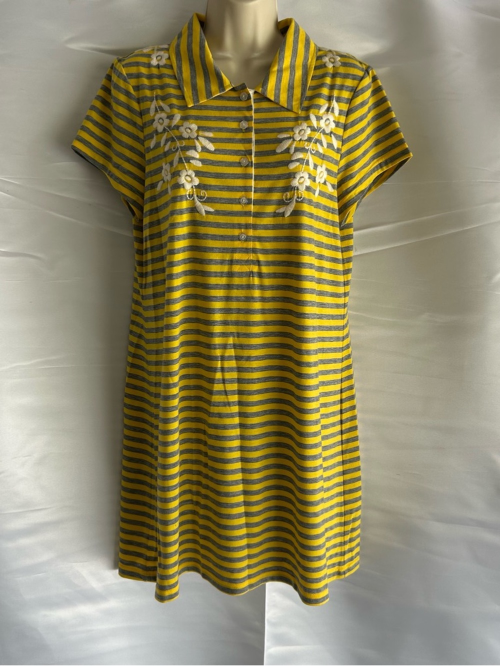 Uncle Frank Yellow and Gray Striped Polo Midi Dress White Embroidery | Sz Large